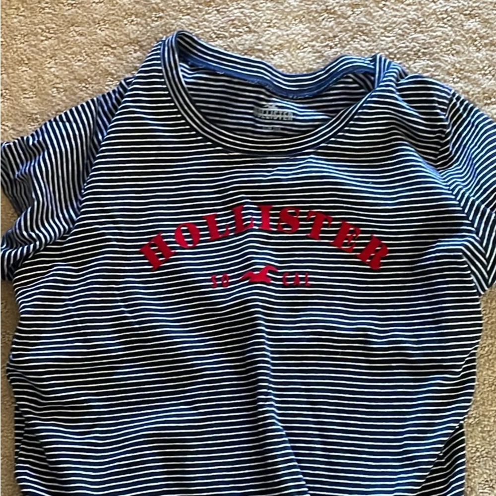 Hollister Navy Striped Tee with Red Logo